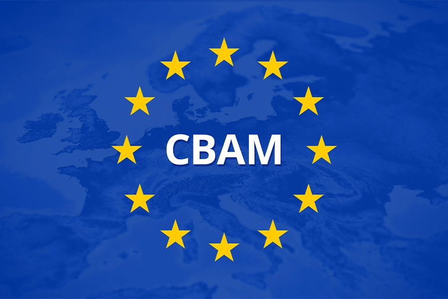 Logo CBAM su sfondo bandiera UE